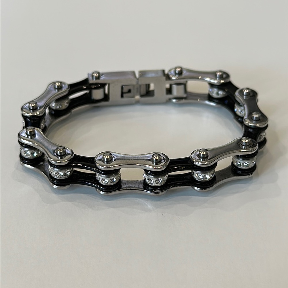 Black and Silver Bike Chain Bracelet with Clear Stones
